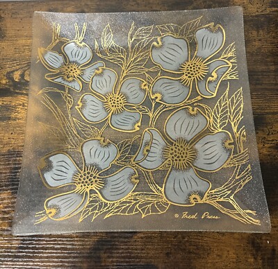 Vintage Fred Press Floral Dogwood Glass Serving Platter Tray Gold