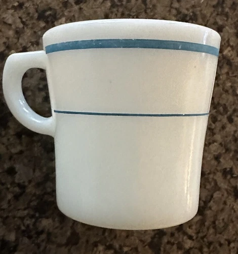 Vintage Pyrex Teal Blue Stripe 709-26 Coffee Cup Tableware By Corning USA