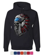 Chief Skull Headress Hoodie Native American Stars and Stripes Sweatshirt