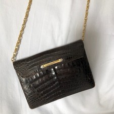 1960's dark brown alligator skin leather Clutch Mini gold color chain strap