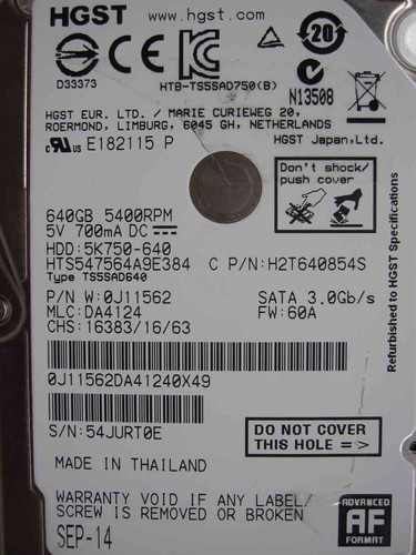 HGST HTS547564A9E384 5K750-640 SEP-14 PN: 0J11562 MLC: DA4124 | 640GB