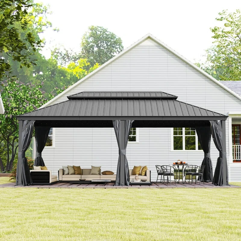 Domi 14x24Ft Hardtop Gazebo Double Roof w/Curtain&Netting,Built-in gutter system