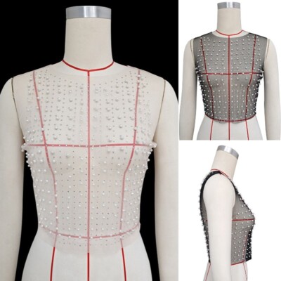 Womens Sheer Rhinestone Beaded Tank Top Sleeveless Net Top