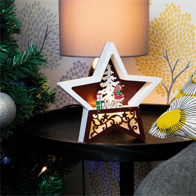 Leuchtende Weihnachtssternszene aus Holz batteriebetrieben Dekoration Ornament LED