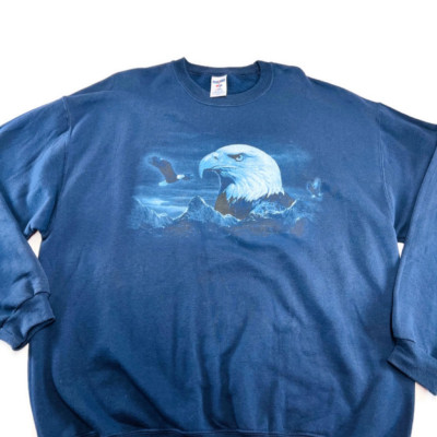 Jerzees Mens Graphic Sweatshirt Crew Blue Eagle Long Sleeve Cotton Blend XL