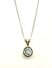 9ct Gold Blue Topaz Necklace Blue Topaz Solitaire Pendant + Gold Curb Chain WOW