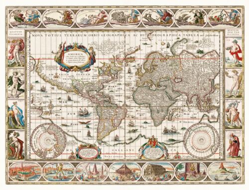 11240.Decoration Poster.School Wall decor.1635 World map hemispheres.History