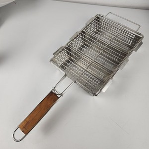 Charcoal Companion Stainless Rectangular 3 Basket Grilling Grill Wooden Handle