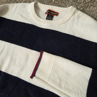 Mott & Grand Mens XL Striped Crewneck Sweater Navy White 100% Cotton Ribbed Knit