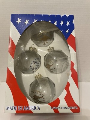 VTG RAUCH PATRIOTIC GOD BLESS AMERICA CLEAR SET OF 4 GLASS STENCIL ORNAMENTS