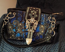 Western Blue/Black Rhinestone Cross Shoulder Bag w/ Matching Wallet, Zip