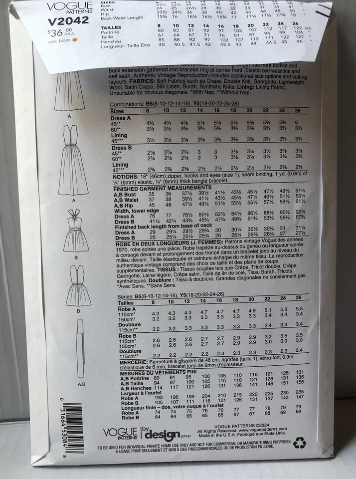 Vogue 2042 Sewing Patterns . Vintage 70s Dress With Length Variations Sz 8-16 - Image 2 of 2