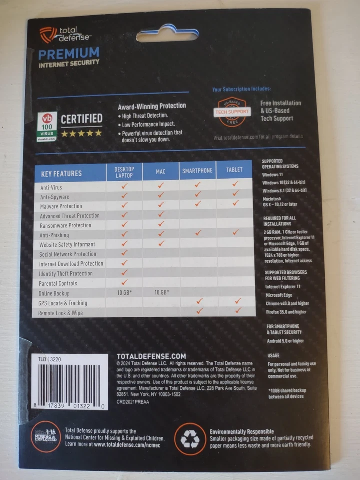Total Defense Premium Internet Security (TLD13220 5 devices/1yr 10GB Sealed) - Image 2 of 2