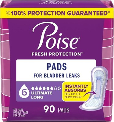 Poise Incontinence & Postpartum Pads, 90 Count - Ultimate Absorbency, Long Size