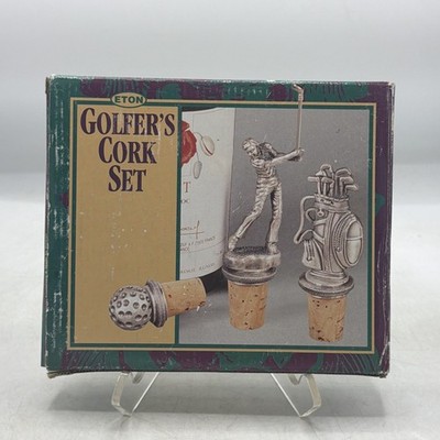 Pair of Heavy Pewter Golf Bag & Golfer Wine Bottle Cork Stoppers Set of 2