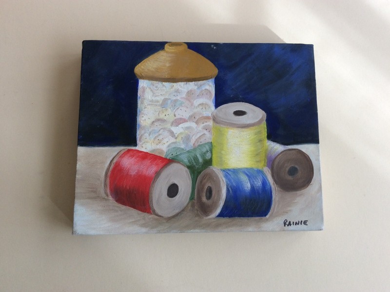 Oil Painting on Canvas "BUTTONS AND THREAD" 8" x 10" Signed Unframed