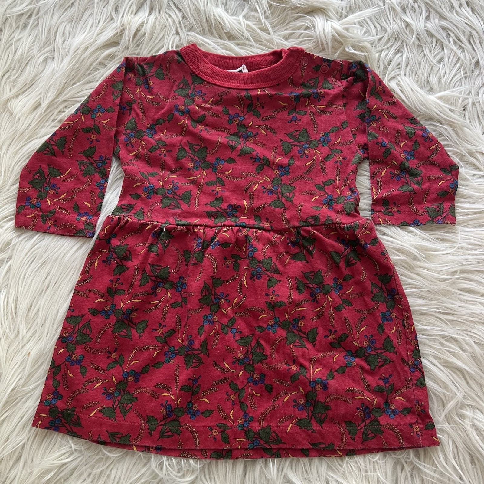 Vintage 90s Y2K Baby Gap Red Floral Dress Long Sleeve Cotton Size 1 - 6 Months