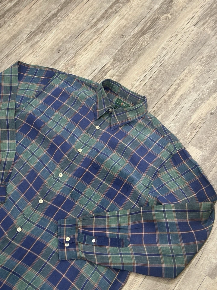 Vintage J Crew Oarsman 100% Linen Shirt Men Large - Tall Plaid Blue Green - Image 3 of 4