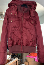 Tommy Hilfiger Women's Burgundy Hooded Puffer Jacket M Ribbed Hem Nylon Short