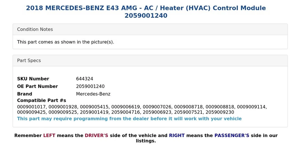 Mercedes-Benz E43 2018 AMG - módulo de control de aire acondicionado/calefacción (HVAC) 2059001240 Foto 4 de 4
