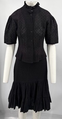 Sonia by Sonia Rykiel Black Eyelet Short Sleeve Shirt+Ruffle Hem Skirt Set sz 38