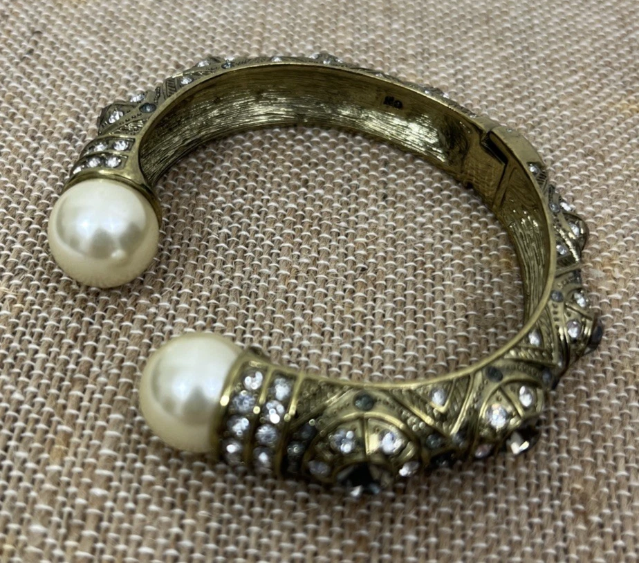 Heidi Daus Bracelet Gold Tone Pearl Hinged Rhinestone Bangle Art Deco Cuff - Image 3 of 4