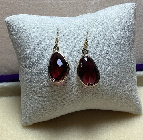 π Earrings Small Ruby Crystal Drop Earrings With Gold Plated Bezel & Hoops - Picture 1 of 9