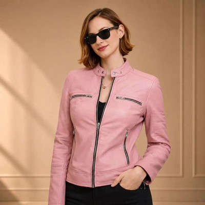 Cafe Wear Women Blush Pink Stylish Sheepskin Leather Jacket Slim Fit Basic Coat