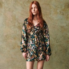 Sezane Bettanie Multicolored Sequin Mini Dress Long Sleeve V-Neck Size 36 NWT