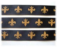 7/8 WHO DAT GOLD FLEUR DE LIS ON BLACK SAINTS GROSGRAIN RIBBON BY THE YARD