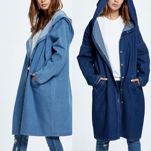 Women Casual Loose Denim Coat Hooded 