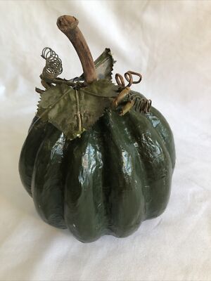 Dark Green Paper Mache Pumpkin with stem and leaves 10 x 7  Fall Decor Halloween