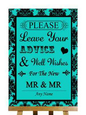 Turquoise Black Damask Guest Book Wish Tree Gay Personalised Wedding Sign