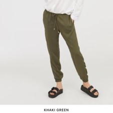 H M Divided Pull On Trousers Size 8 Elastic Waist Pockets Khaki Green New