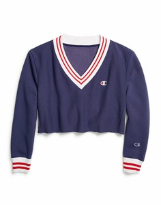 Champion-Life-Reverse-Weave-Women-039-s-Yarn-Dye-Stripe-Cropped-V-Neck-Sweatshirt
