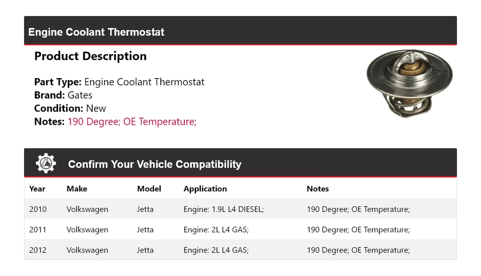 Para Volkswagen Jetta 2010-2012 Motor Refrigerante Termostato Puertas 2011 Foto 2 de 4
