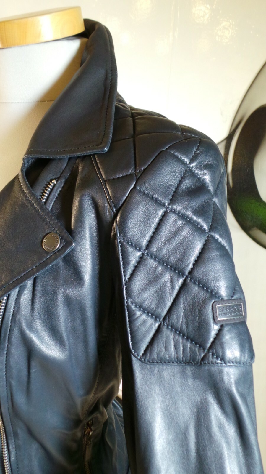 DESIGNER RARE BLUE Barbour REAL LEATHER FITTED BIKER JACKET COAT SIZE 14 image 7