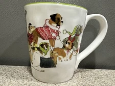 Pier 1 Imports Hand Painted Coffee Mug Cup, Park Avenue Puppies Festive Holiday