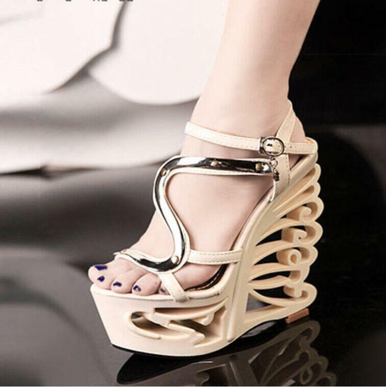 Women's Hollow Out Wedge High Heel Platform Peep Toe Buckle Party Sandal Shoes
