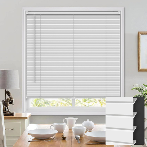 38" W × 64" H Privacy Cordless Mini Blinds Indoor Vinyl Horizontal Shades White - Picture 10 of 12
