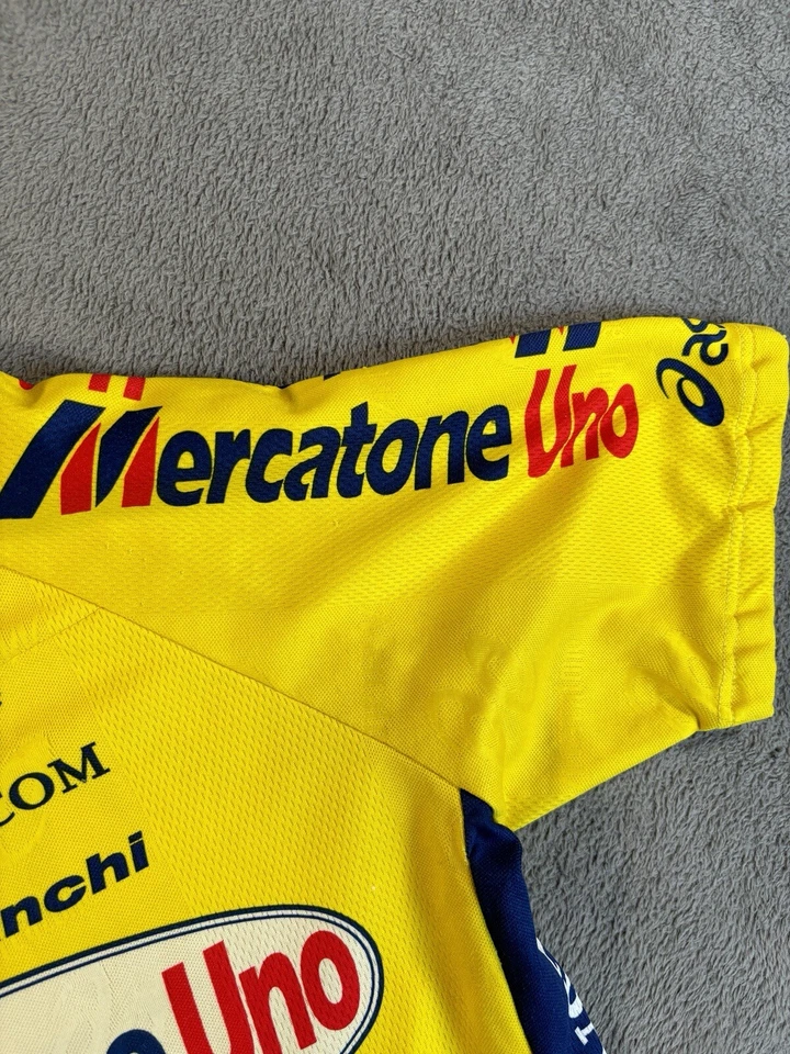 Camiseta deportiva de ciclismo vintage Asics Mercatone Uno grande amarilla Albacom WEGA blanca Foto 4 de 4