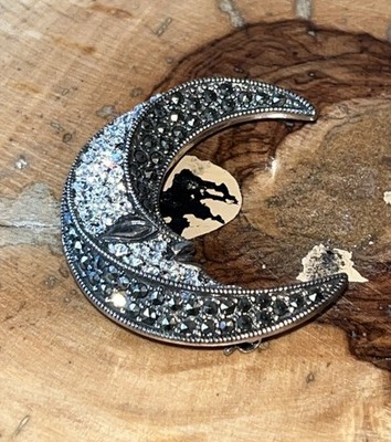 Sterling Silber 925 Mann im Mond Brosche / Anhänger Gesicht Markasiten & Kristalle