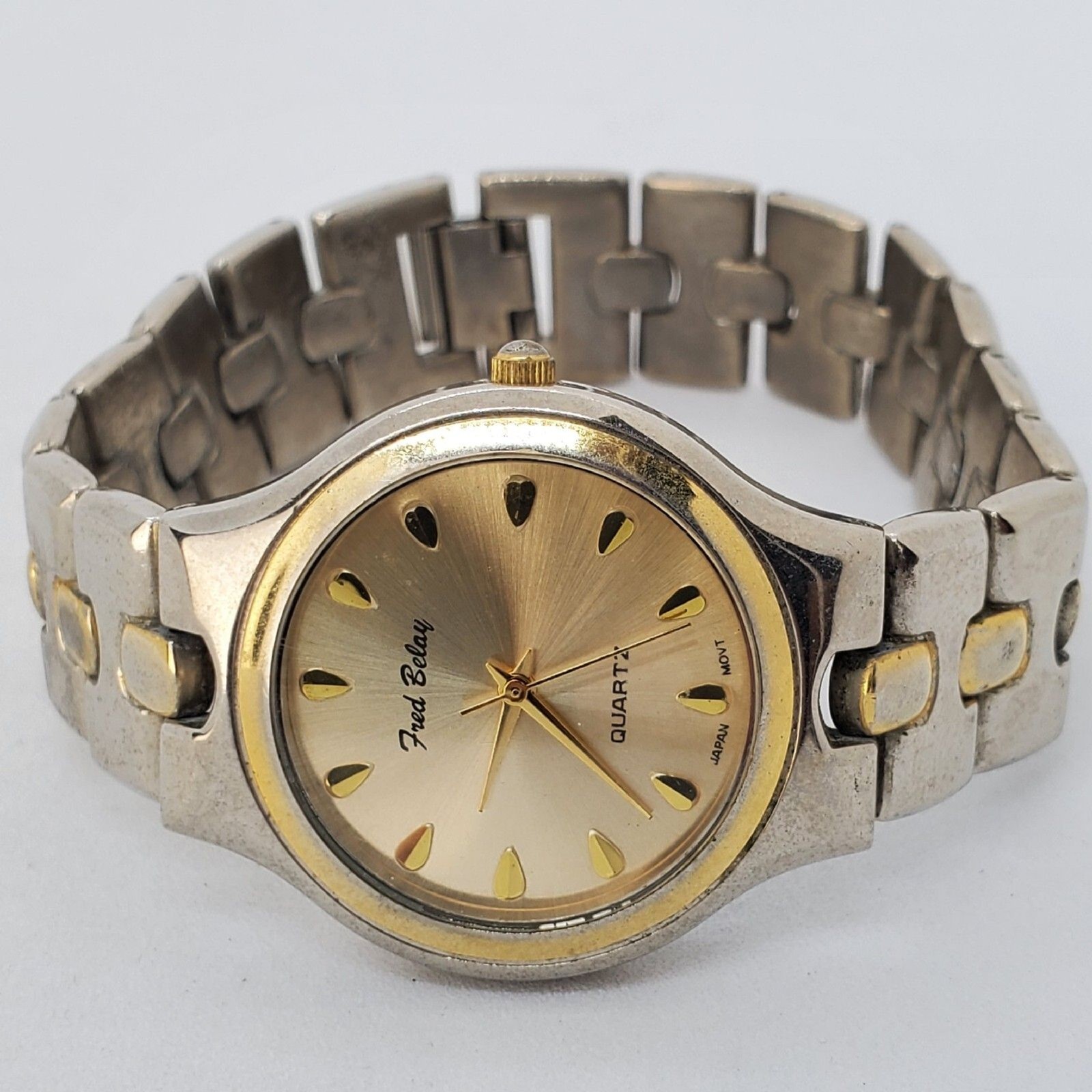 Fred Belay Women's Watch 34MM Gold Dial Two Tone Bracelet Band 7.5" New Battery