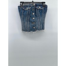 ZARA Women's Light Blue Denim Raw-Hem Button-UP Strapless Corset Top SZ M
