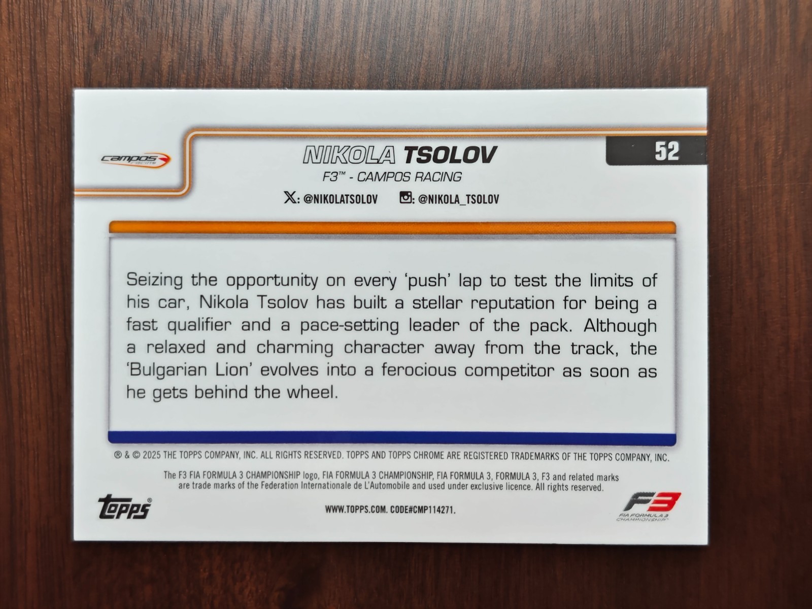 2025 Topps Chrome F1 F3 Nikola Tsolov Portrait Forest Green Raywave 026/140 view 2