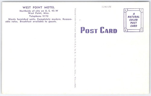 West Point Motel USA 45-W West Point Mississippi Vintage Postkarte - Bild 2 von 2