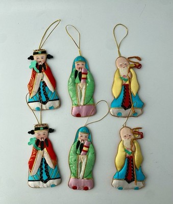 Vtg Lot 6 Japanese Silk Christmas Ornament Asian Folk Art Figures People