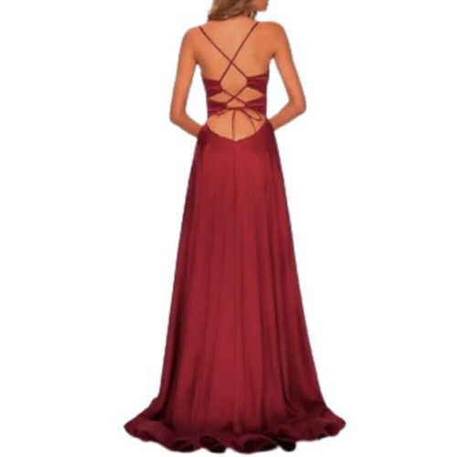 La Femme Wine Red Strappy Back Side Slit Satin Ballgown Dress Gown NWT Size 4 - Picture 2 of 8