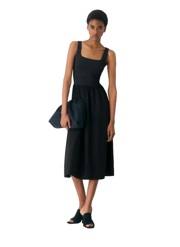 Vestido midi Aritzia Babaton Revive calce y acampanado de popelina de algodón negro L $148 nuevo con etiquetas