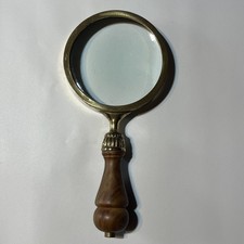 Vintage Brass  Wood Handheld Magnifying Glass Desk Accessory Reading Lens